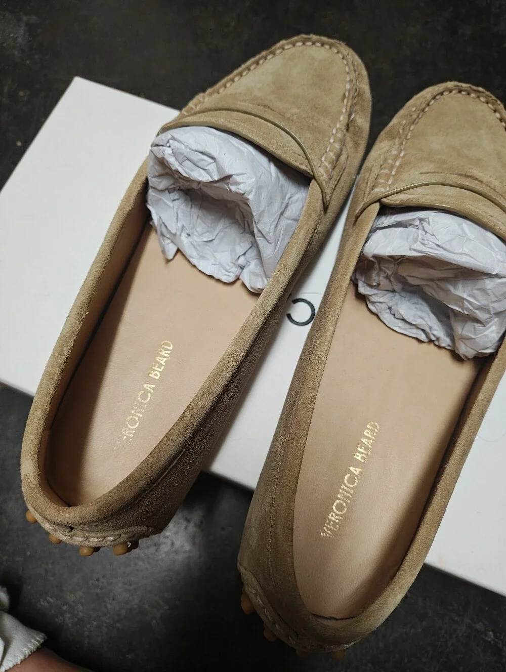 Veronica Beard Taupe Suede Penny Loafers